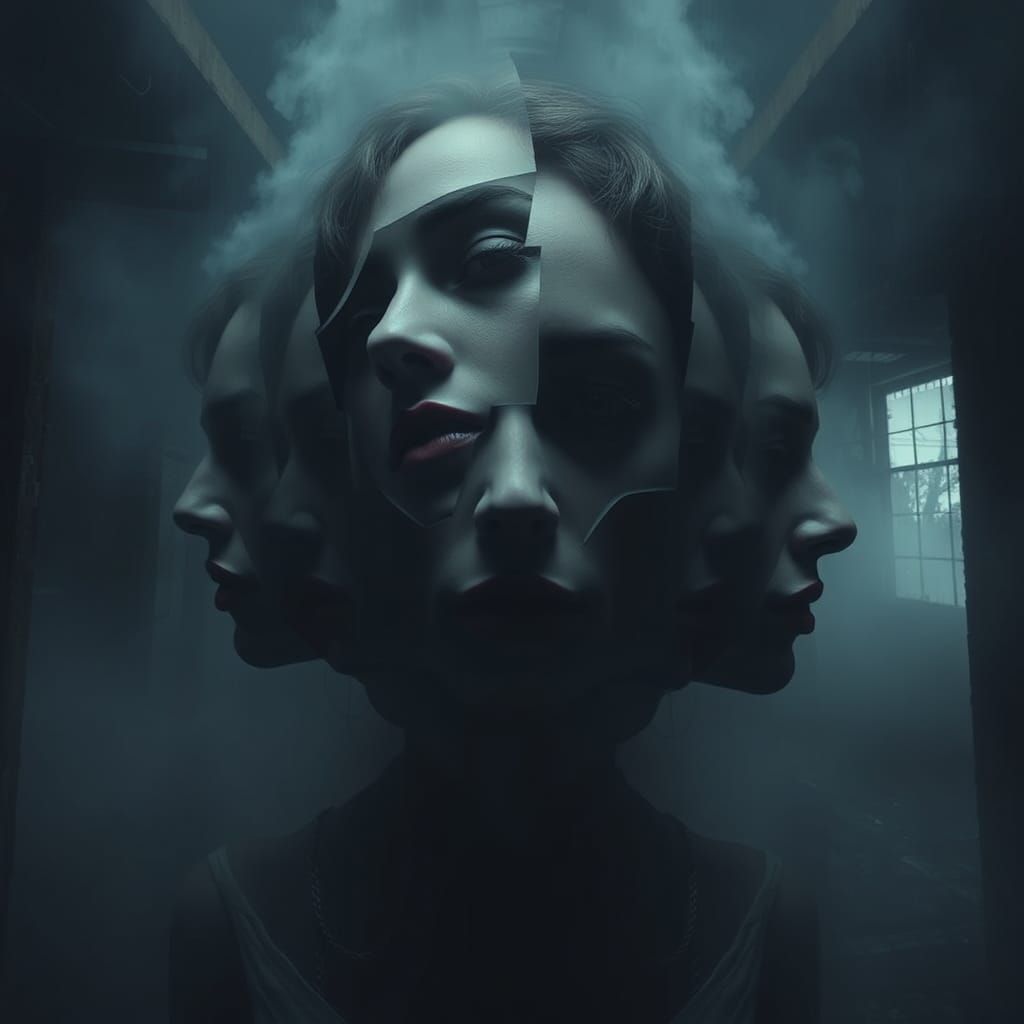 Eerie Surreal Faces in Dreamlike Darkscape