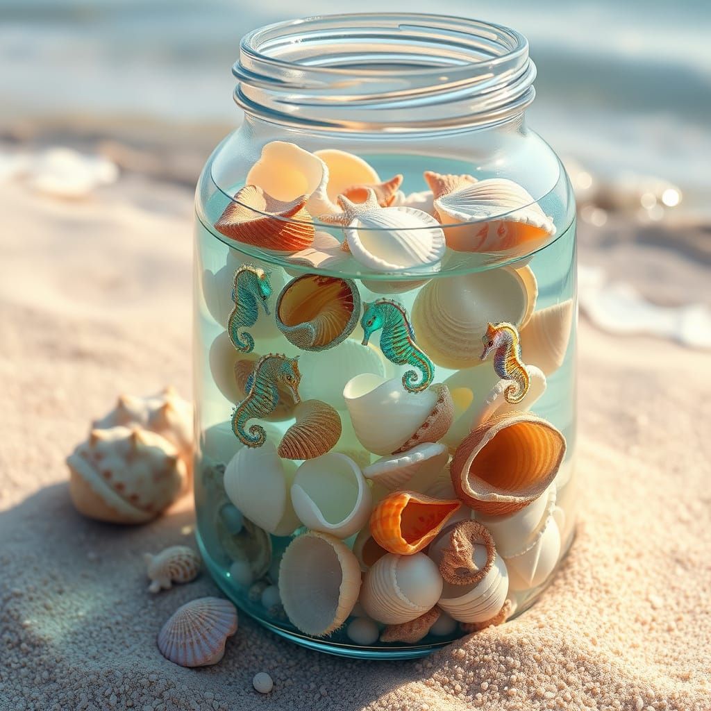 Whimsical Beach Scene with Seahorses and Seashells