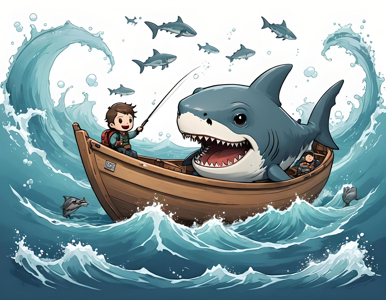 Chibi Portrait: Man in Boat Attacked by Shark