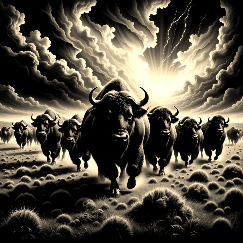 Dramatic Charcoal Buffalo Stampede Under Stormy Skies