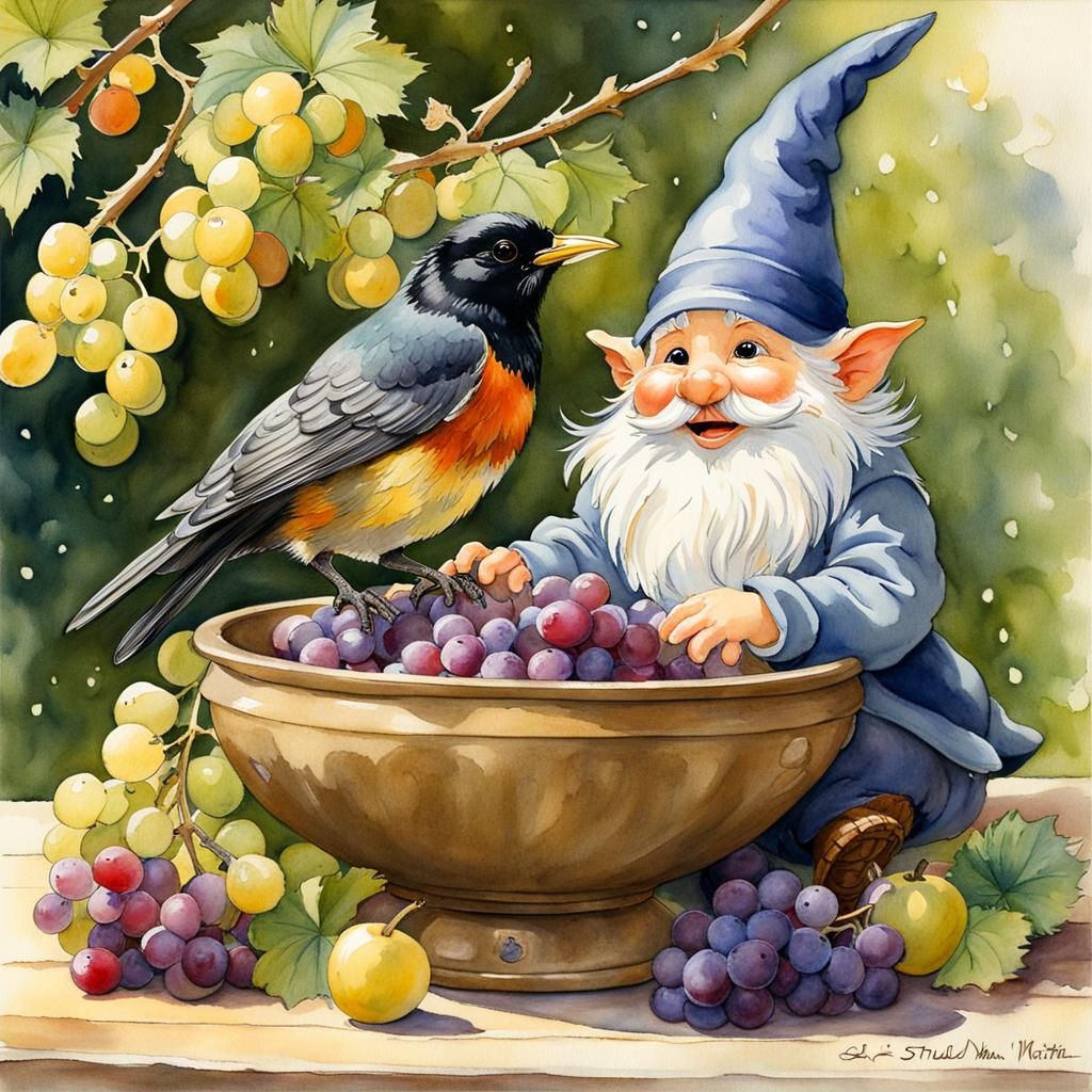 Gnome and Blackbird Stealing Grapes, Watercolor Ghibli Style