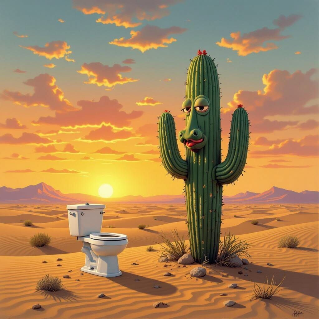 Surreal Desert Scene: Hippo Cactus and Toilet