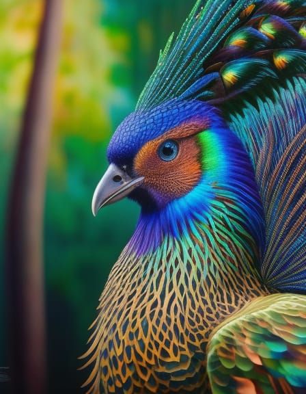 Iridescent Peacock Portrait in Hyperrealistic Style