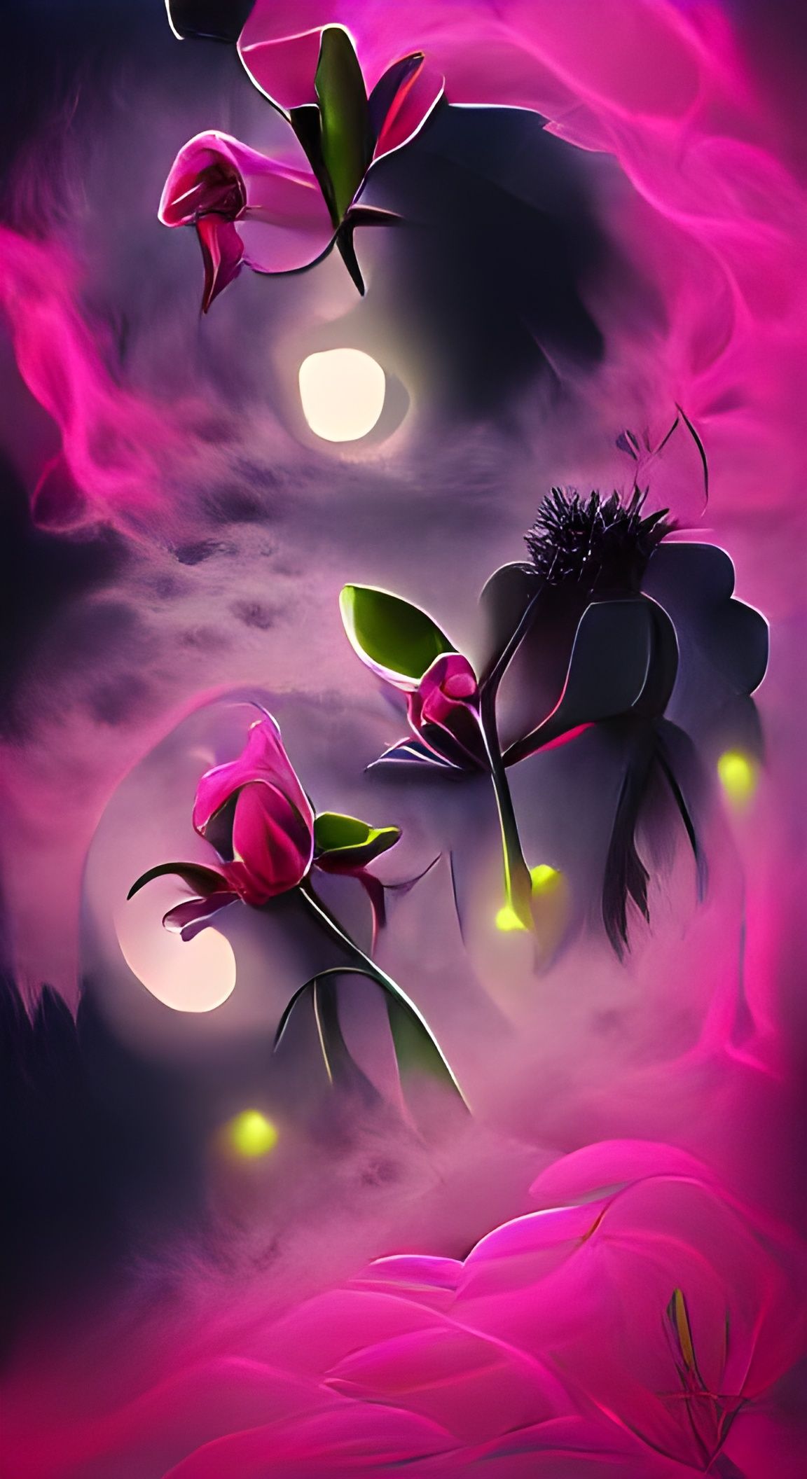 Neon Pink Fantasy Flowers in Moonlight