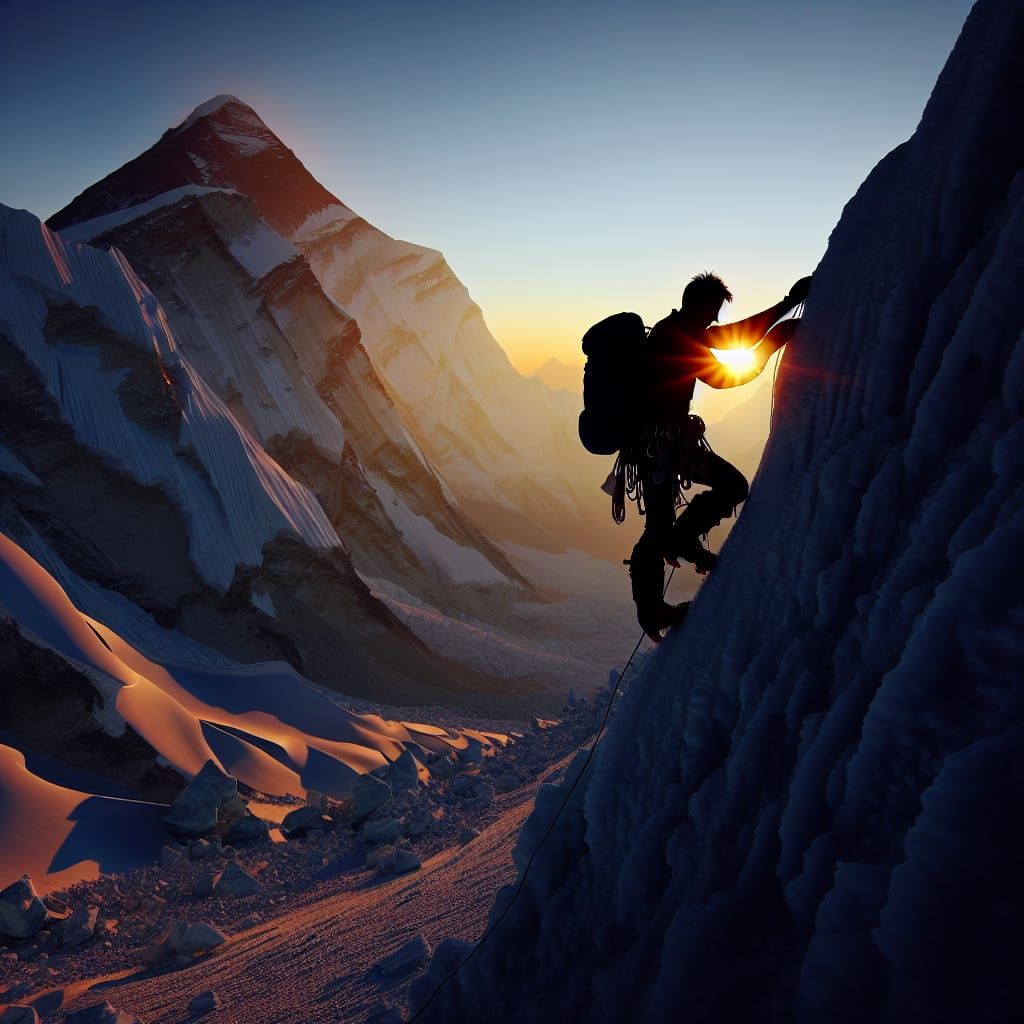 Mountaineer Silhouetted Against Sunset on Everest