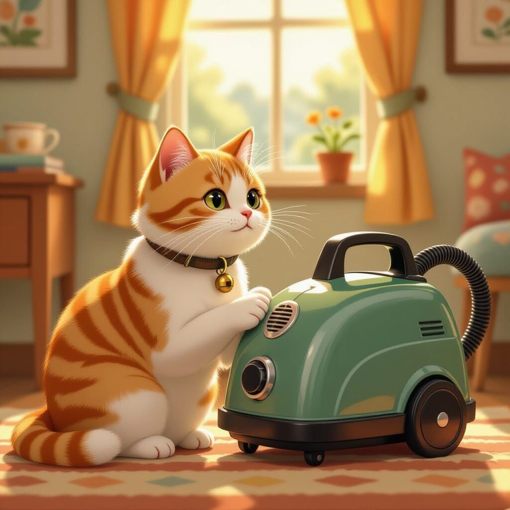 Orange Cat Nuzzles Vintage Vacuum in Cozy Room