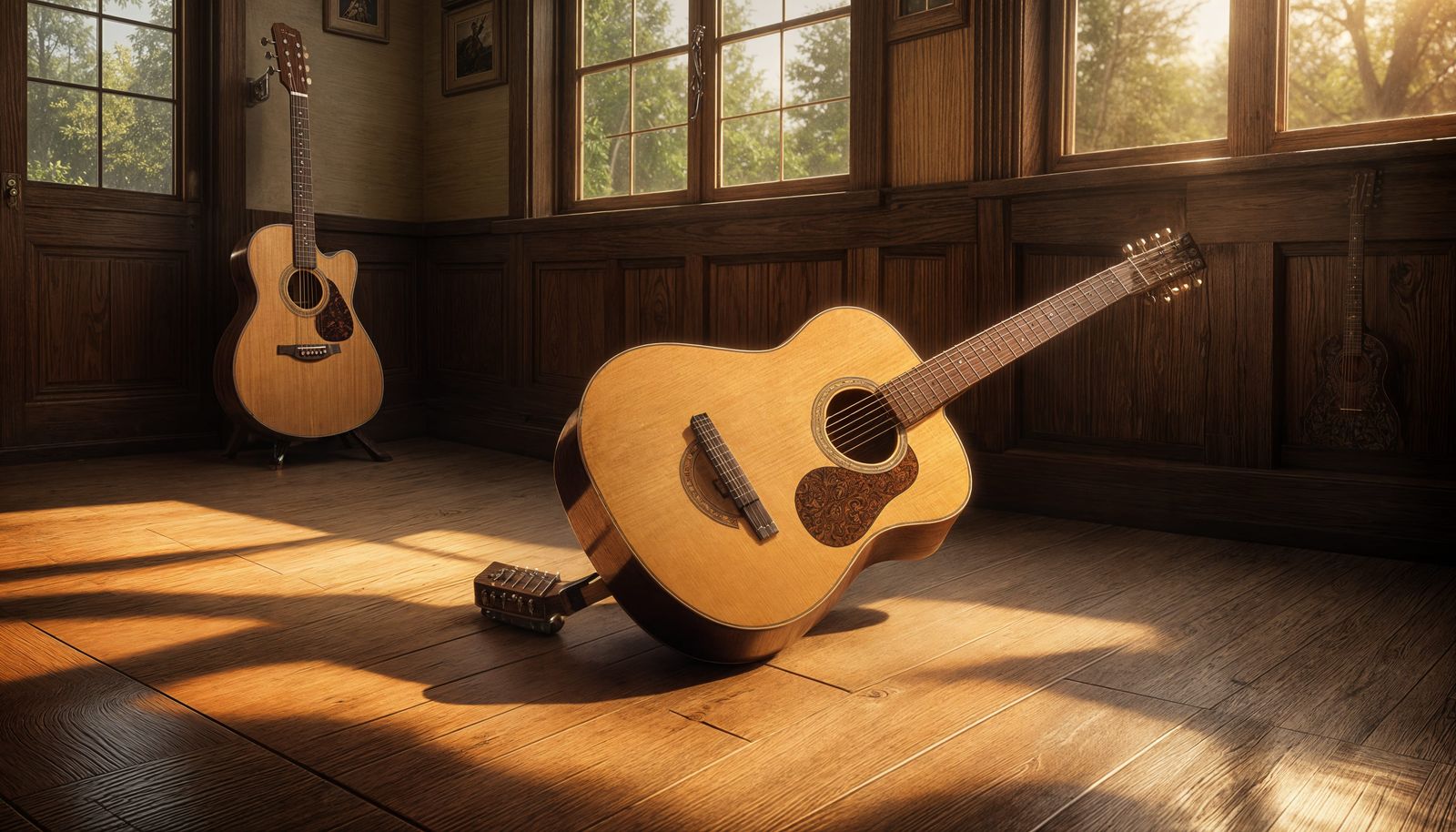 Acoustic Guitar on Wooden Floor in Detailed Matte Painting