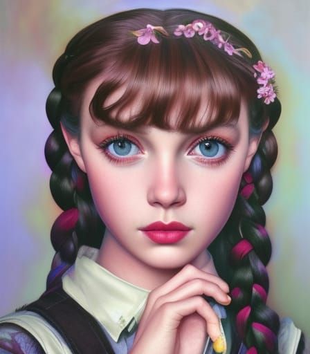 Detailed Portrait of Girl with Flowers in Surreal Style