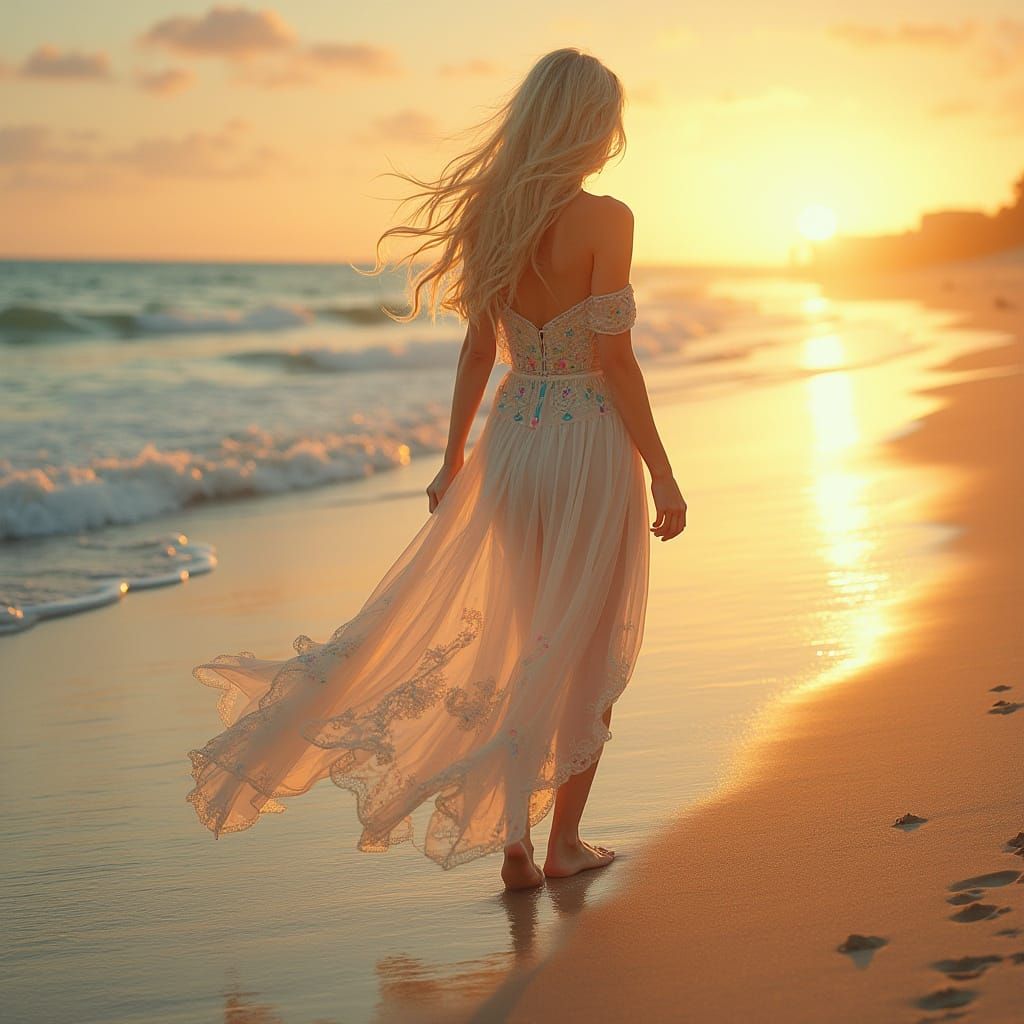 Sunset Beach Stroll in Hyperrealistic Art Nouveau Style