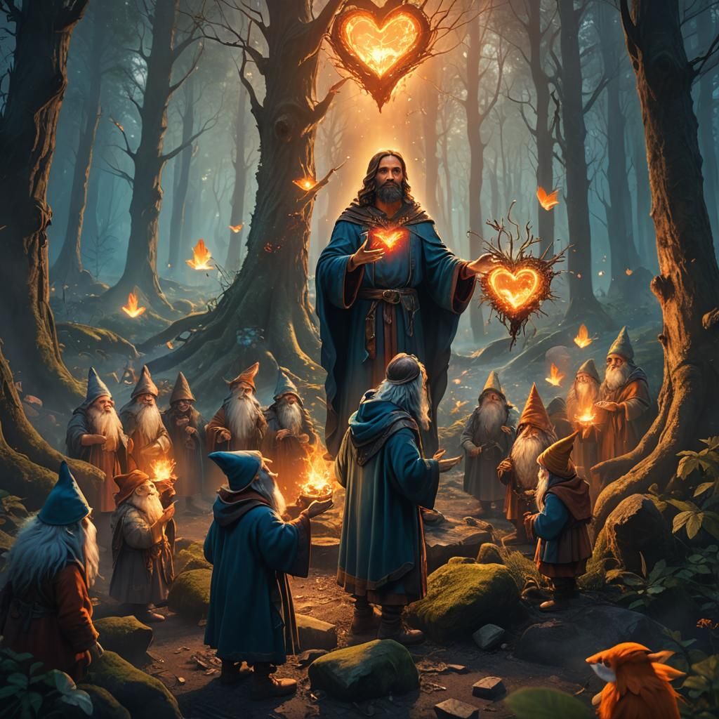 Christ Offering Heart to Gnomes in Mystical Forest