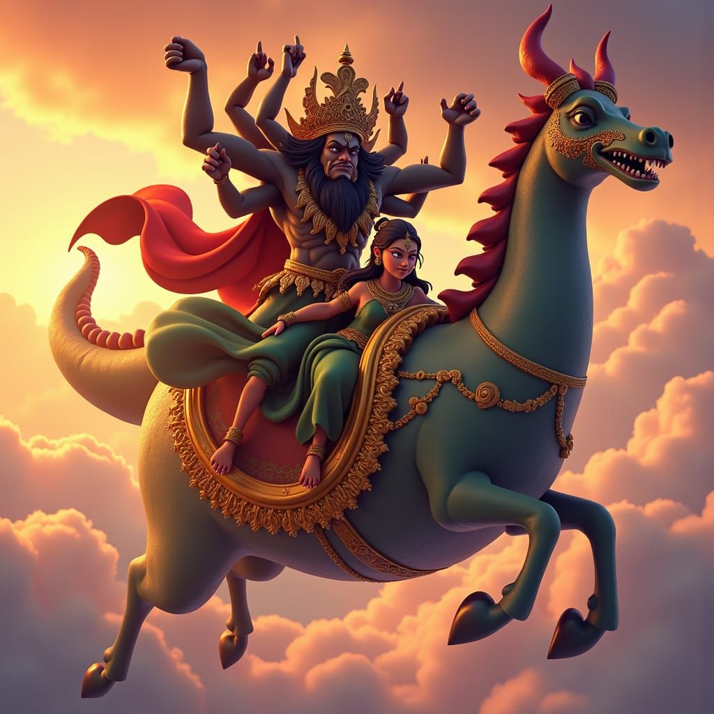 Ravana's Abduction of Sita in 3D Cartoon Style