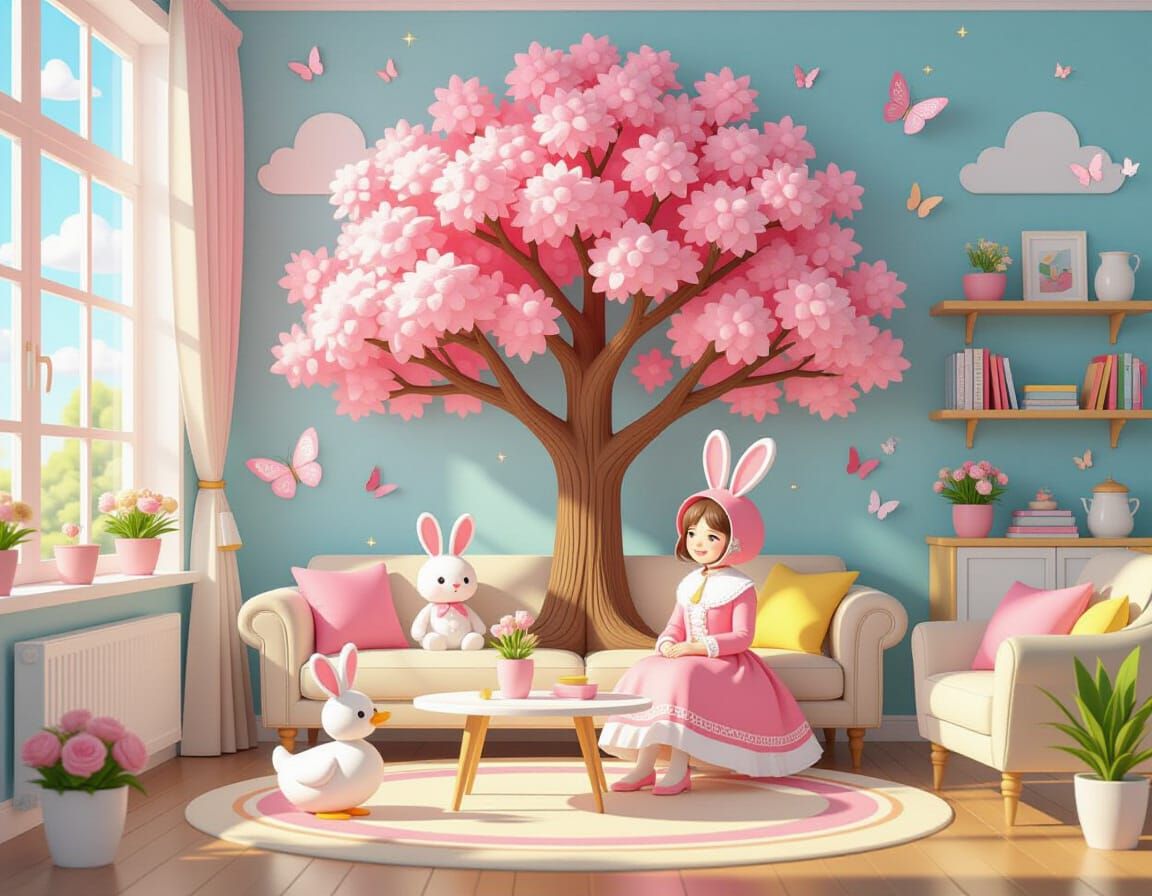 Cozy Living Room with Pink Decorations in 3D