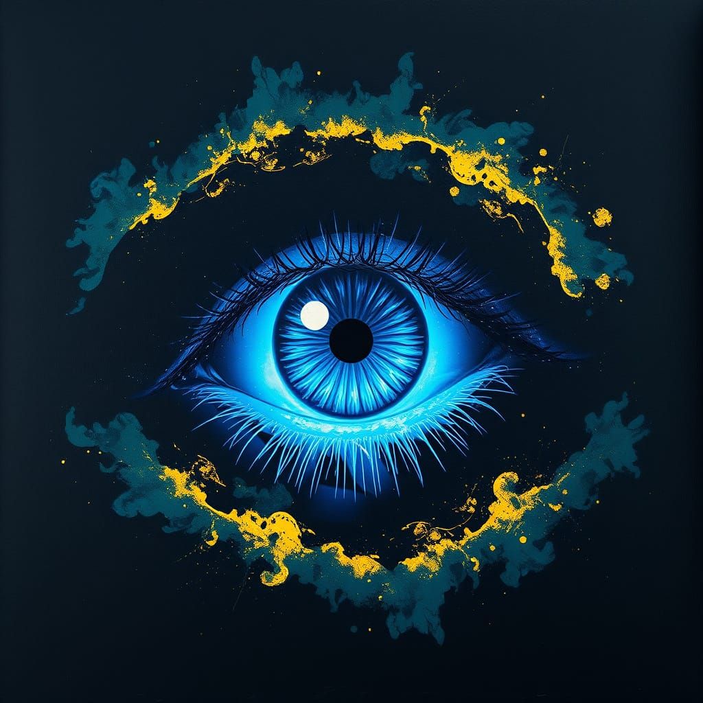 Glowing Blue Eye in Cosmic Void: Graffiti Art Style
