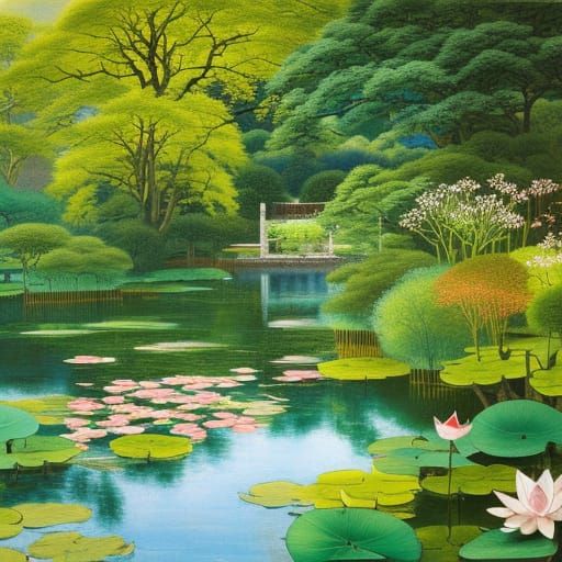Koi Pond and Lotus Garden in Impressionistic Style