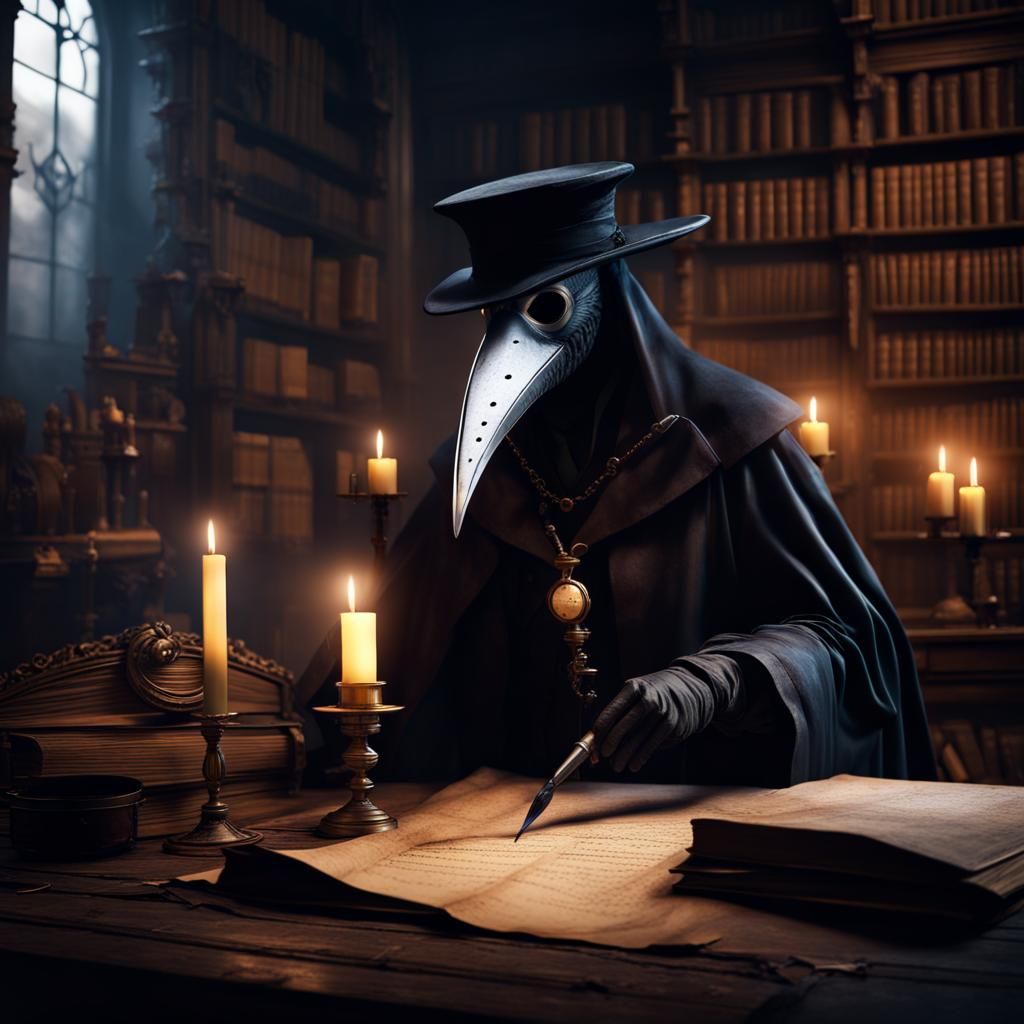Plague Doctor Writing in Old Library