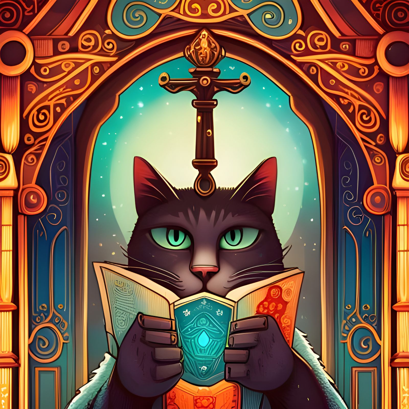 Bohemian Psychic Cat Reads Tarot in Pop Surrealism