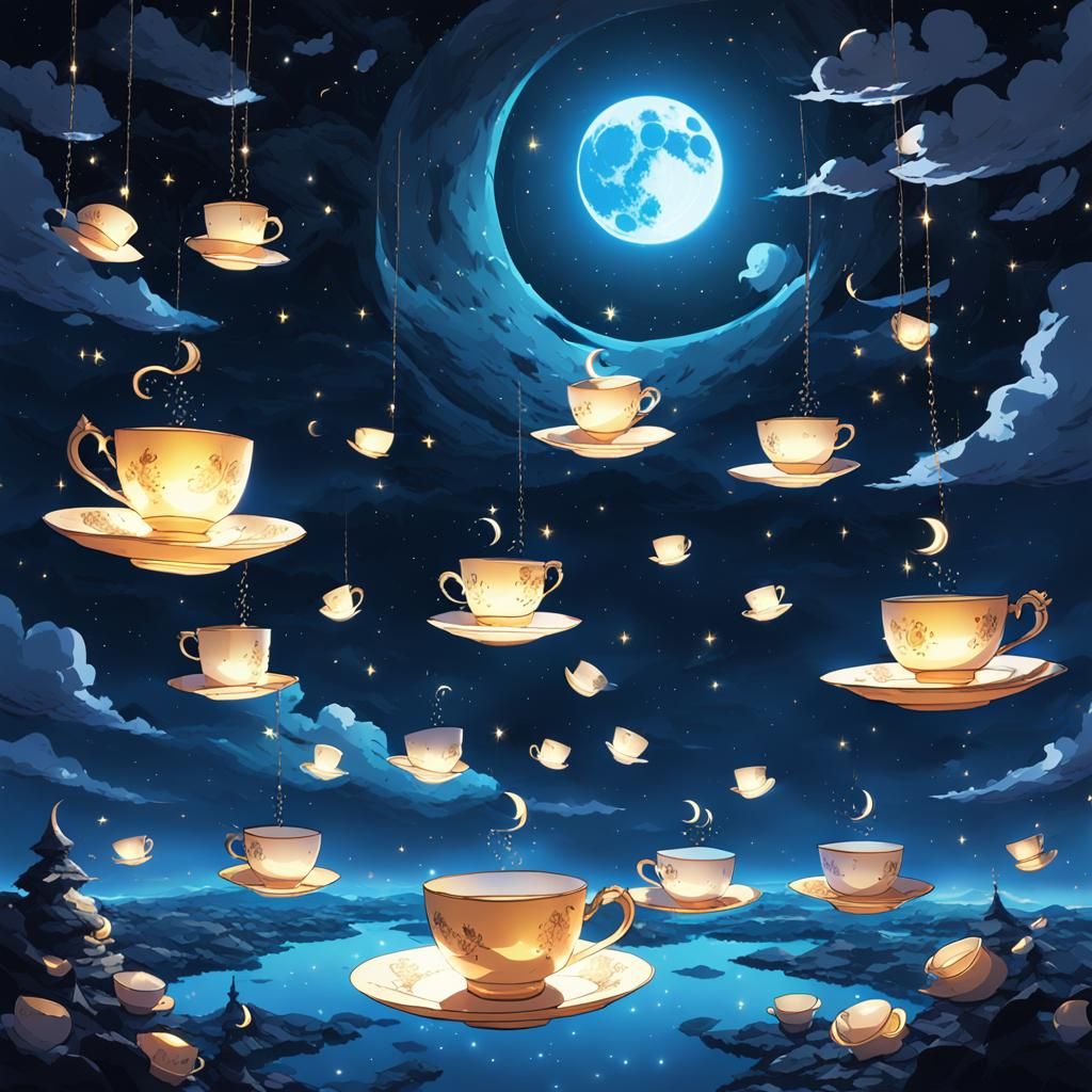 Glowing Teacups Float Around Crescent Moon: Anime Style
