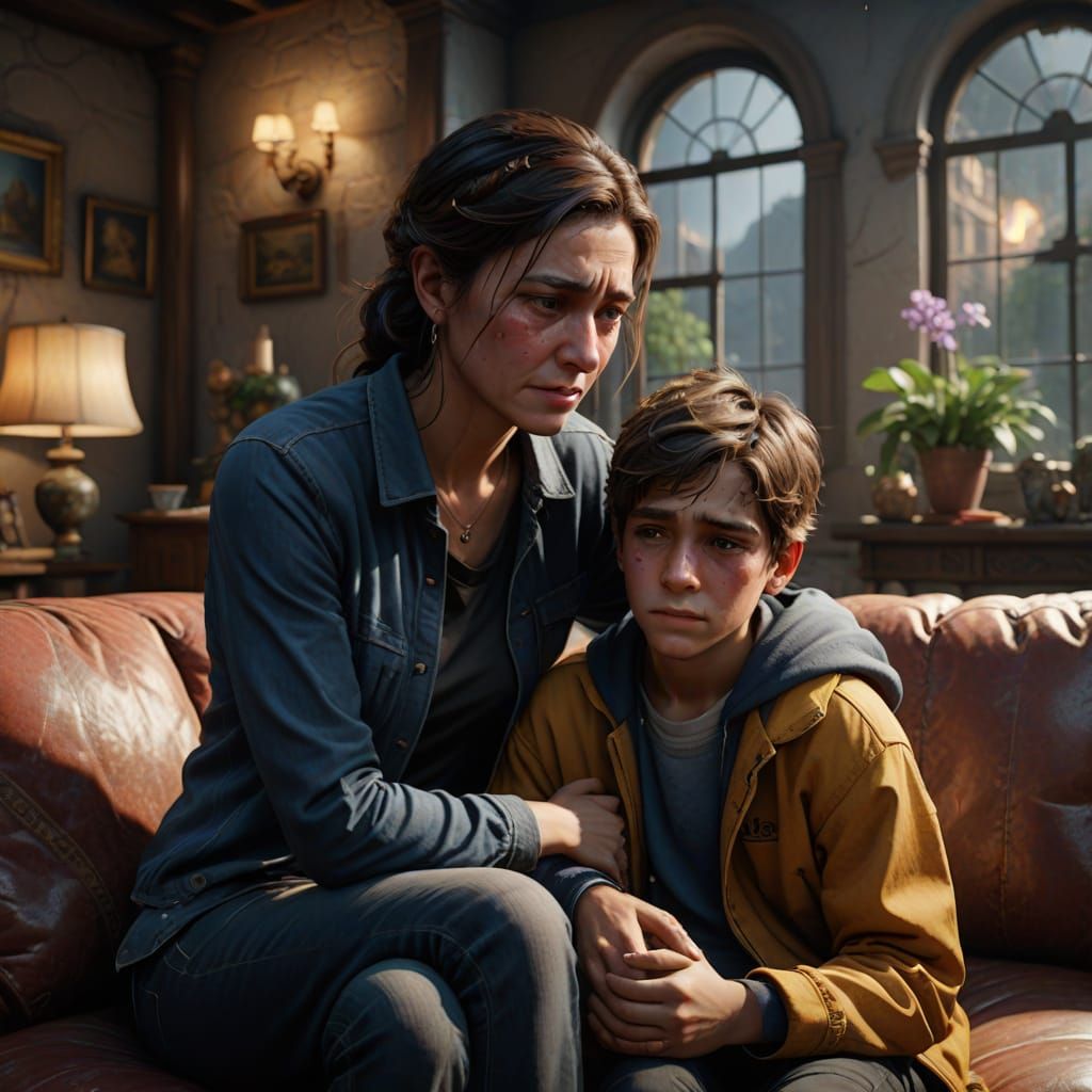 Mother Comforts Crying Son in Cozy Home Setting