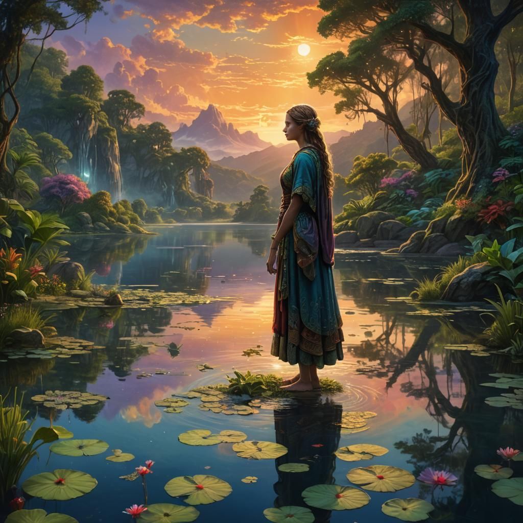 Mystical Woman at Lake: Fantasy Summerscape Sunset