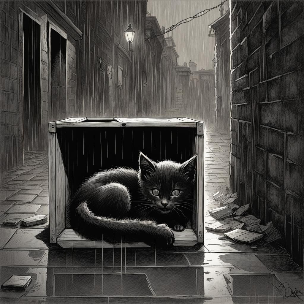 Black Kitten in Rainy Alleyway: Horror Illustration