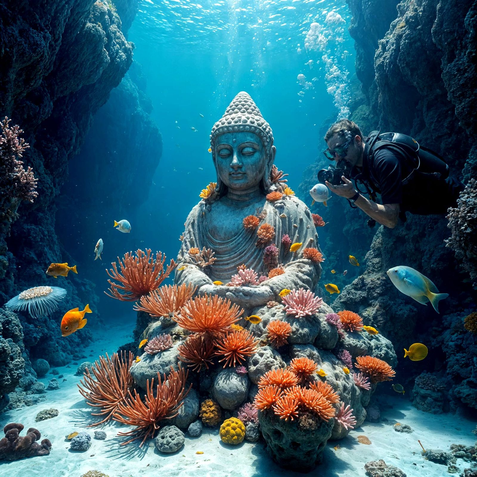 Coral-Covered Buddha in Underwater 3D Scene