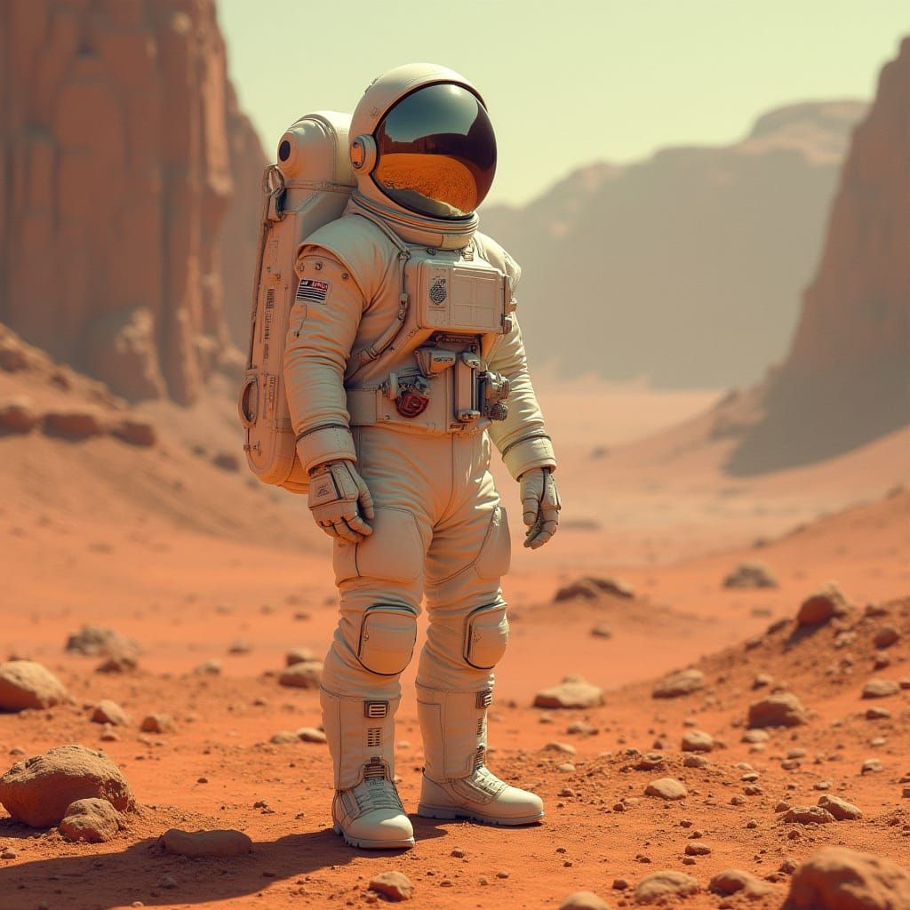 Astronaut Reflected in Mars Landscape, in a Retro-Futuristic...