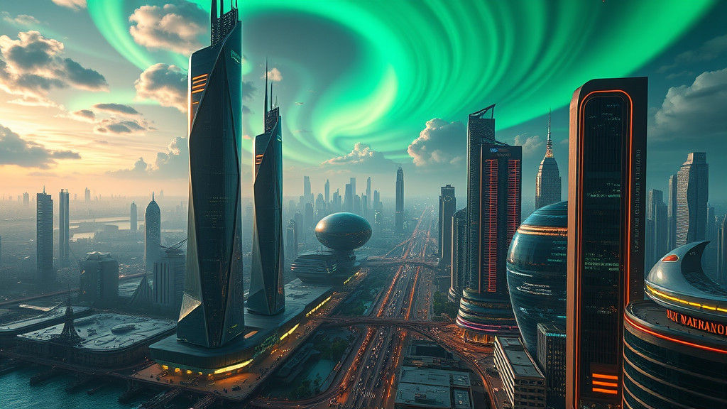 Futuristic Metropolis with Auroral Display