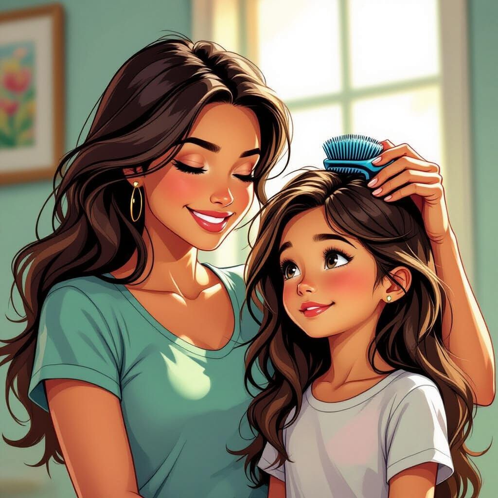 Smiling Brush Watches Girl Brush Hair in Comic Style