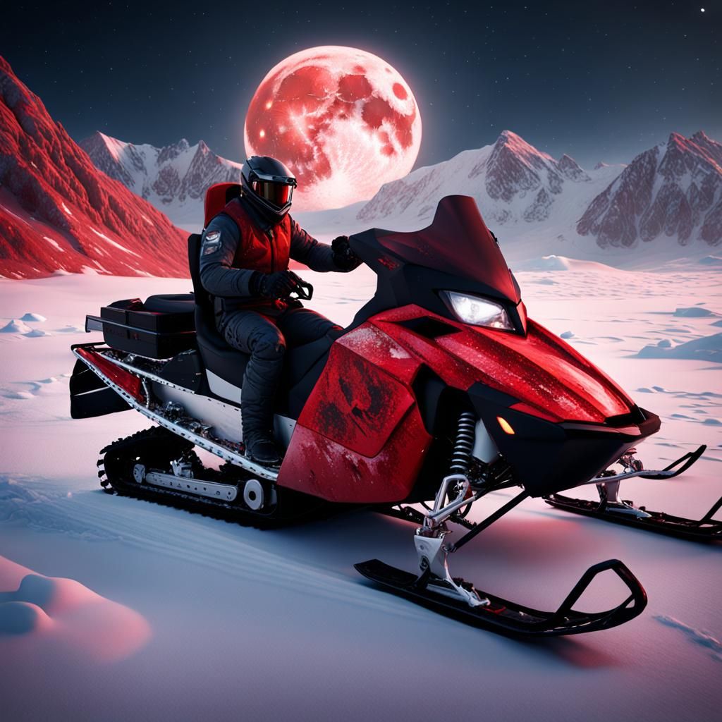 Arctic Snowmobile Under Blood Moon: Fantasy Concept Art
