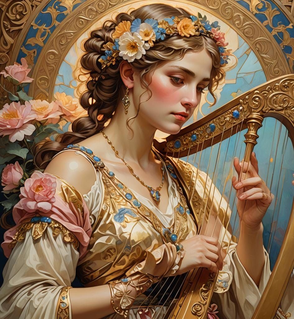 Roman Goddess Playing Harp, Hyperdetailed Fantasy Art