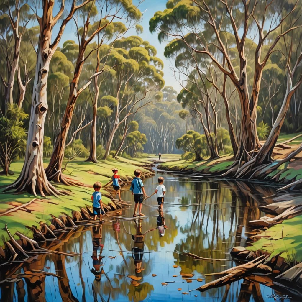 Children Fishing in Creek: An Impasto Oil Painting