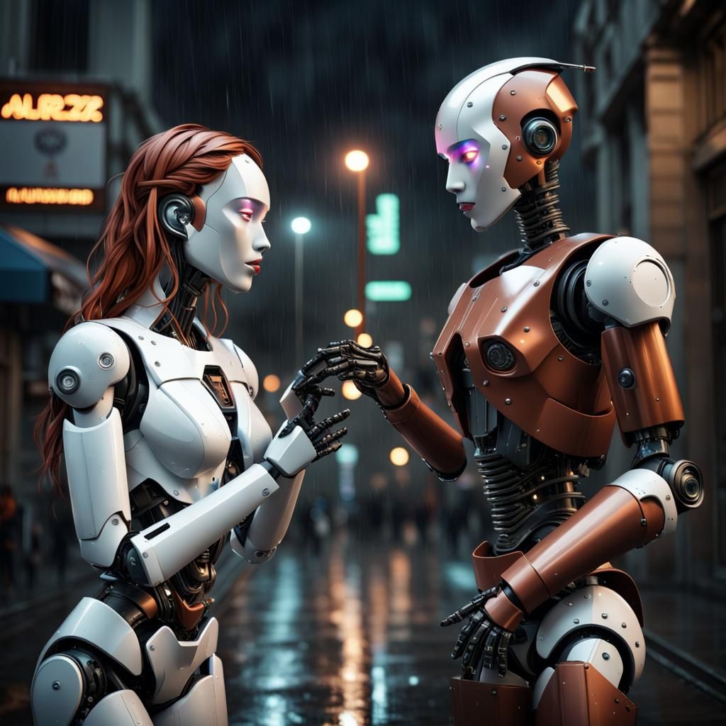 Robots Kissing Passionately in Rainy Street