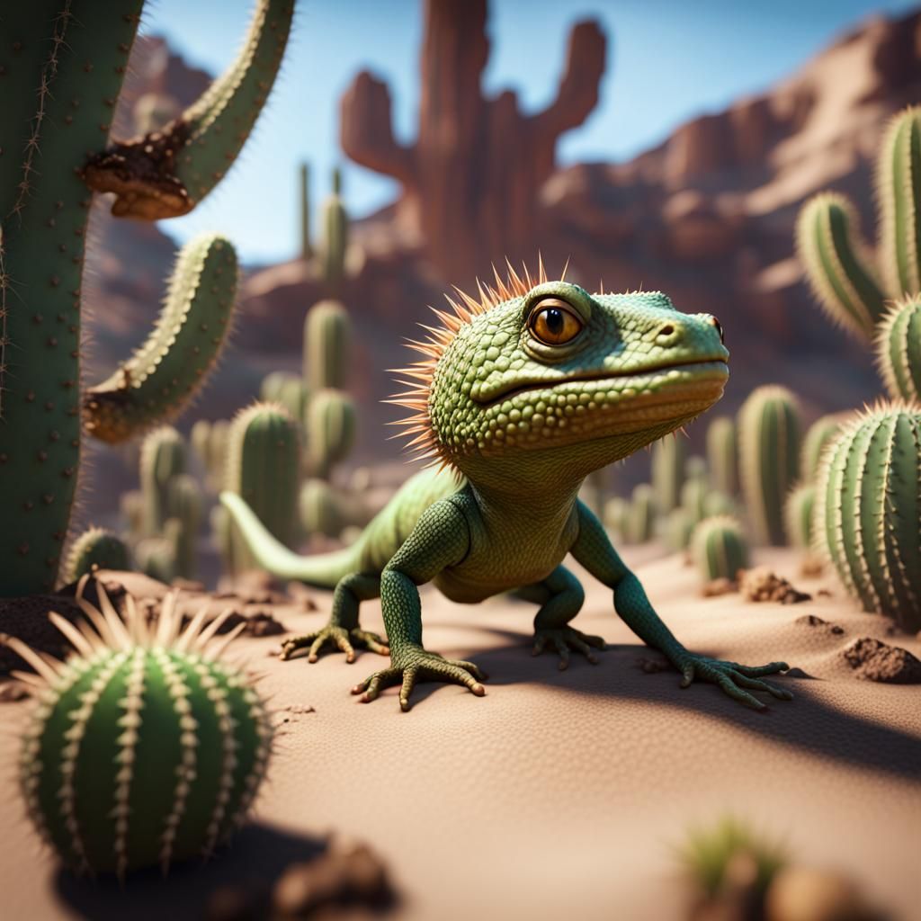 Lizard Among Cacti in 3D Cinematic Style