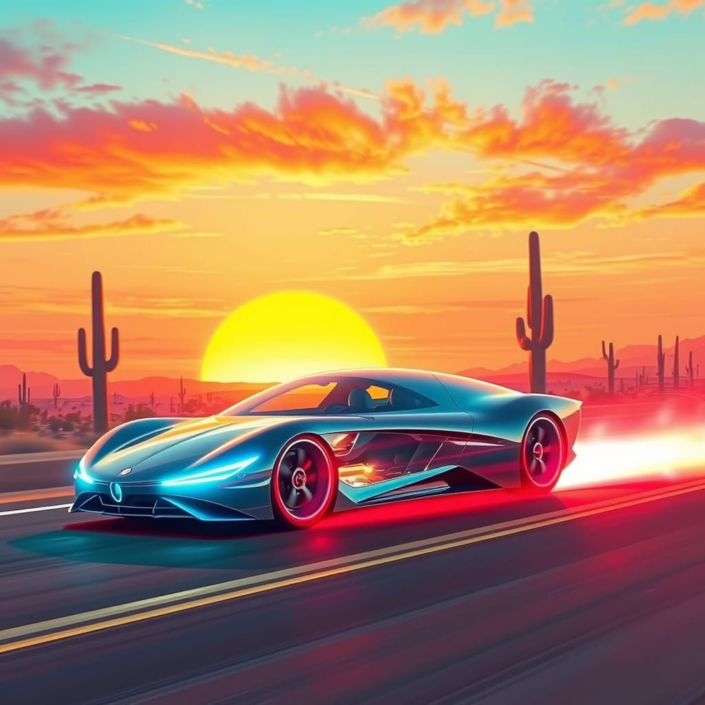 Futuristic Glass Car Speeds Down Desert Sunset Highway