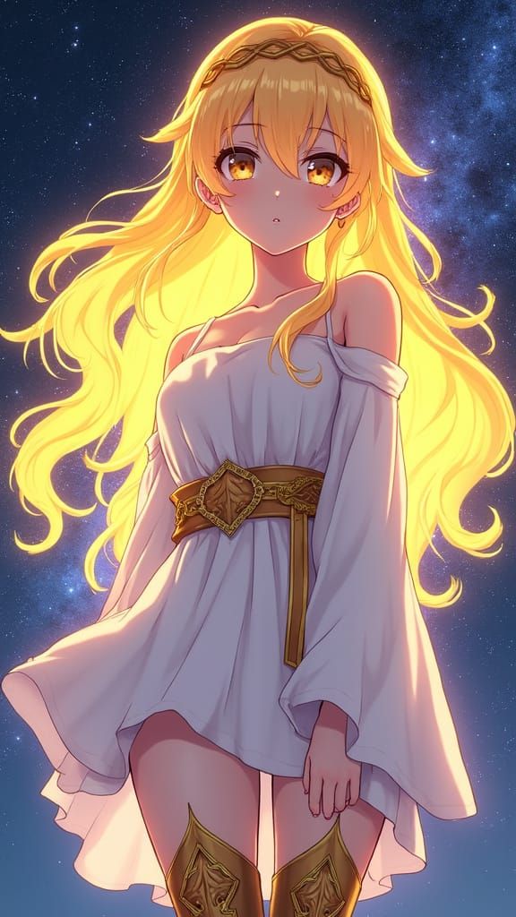 Anime Girl with Golden Energy Hair and Winged Sandals