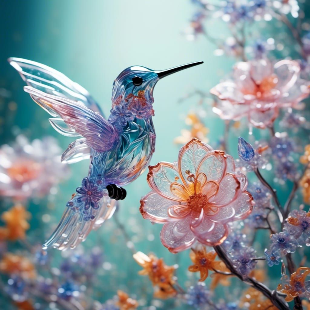 Luminous Glass Hummingbird with Lace Flowers