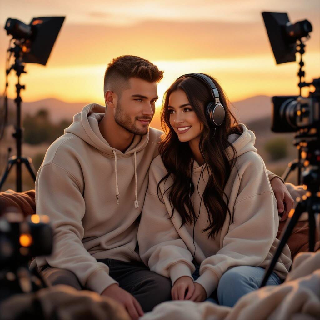 Romantic Couple on Film Set at Golden Hour