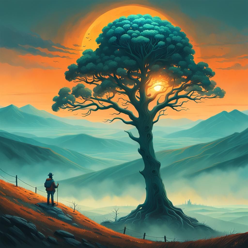 Mystical Landscape with Solitary Tree in Teal and Orange