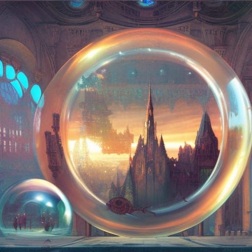 Time Machine Bubble Held by Mage, Fantasy Art