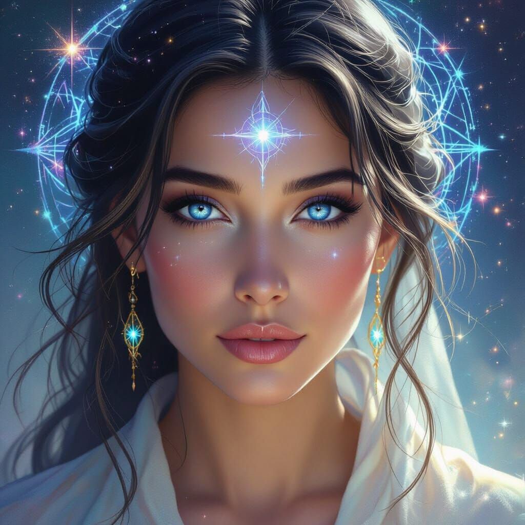 Wise Woman With Indigo Eyes and Cosmic Symbols