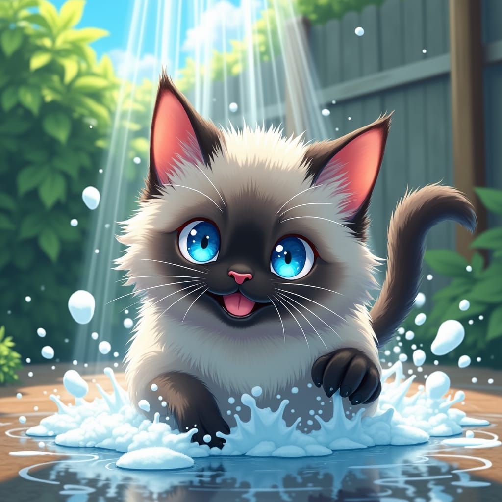 Burmese Cat's Whimsical Escape: Anime-Style Outdoor Shower
