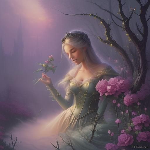 Ethereal Princess Among Thorns in Fantasy Landscape
