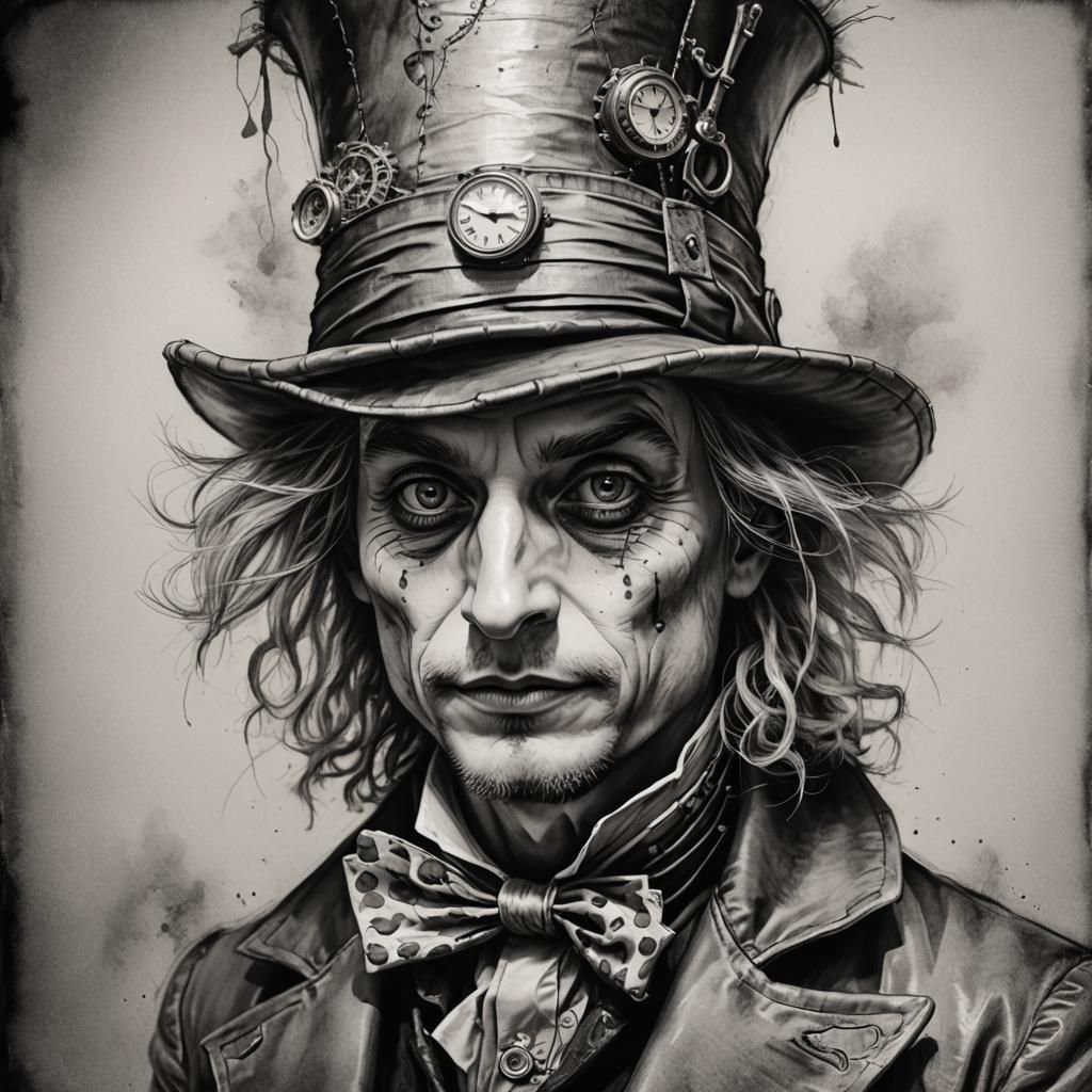Steampunk Mad Hatter Grayscale Sketch Portrait