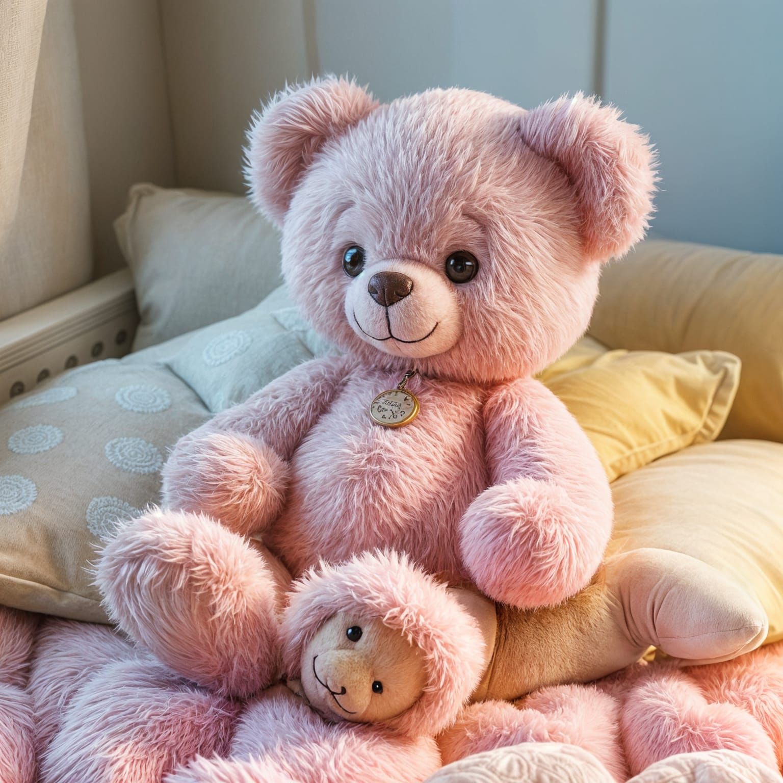 Cute Pink Teddy Bear Sitting on Plush Pillows
