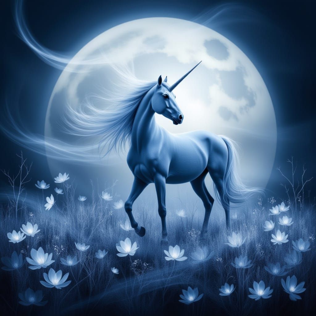 Majestic Unicorn in Moonlight Fantasy Landscape