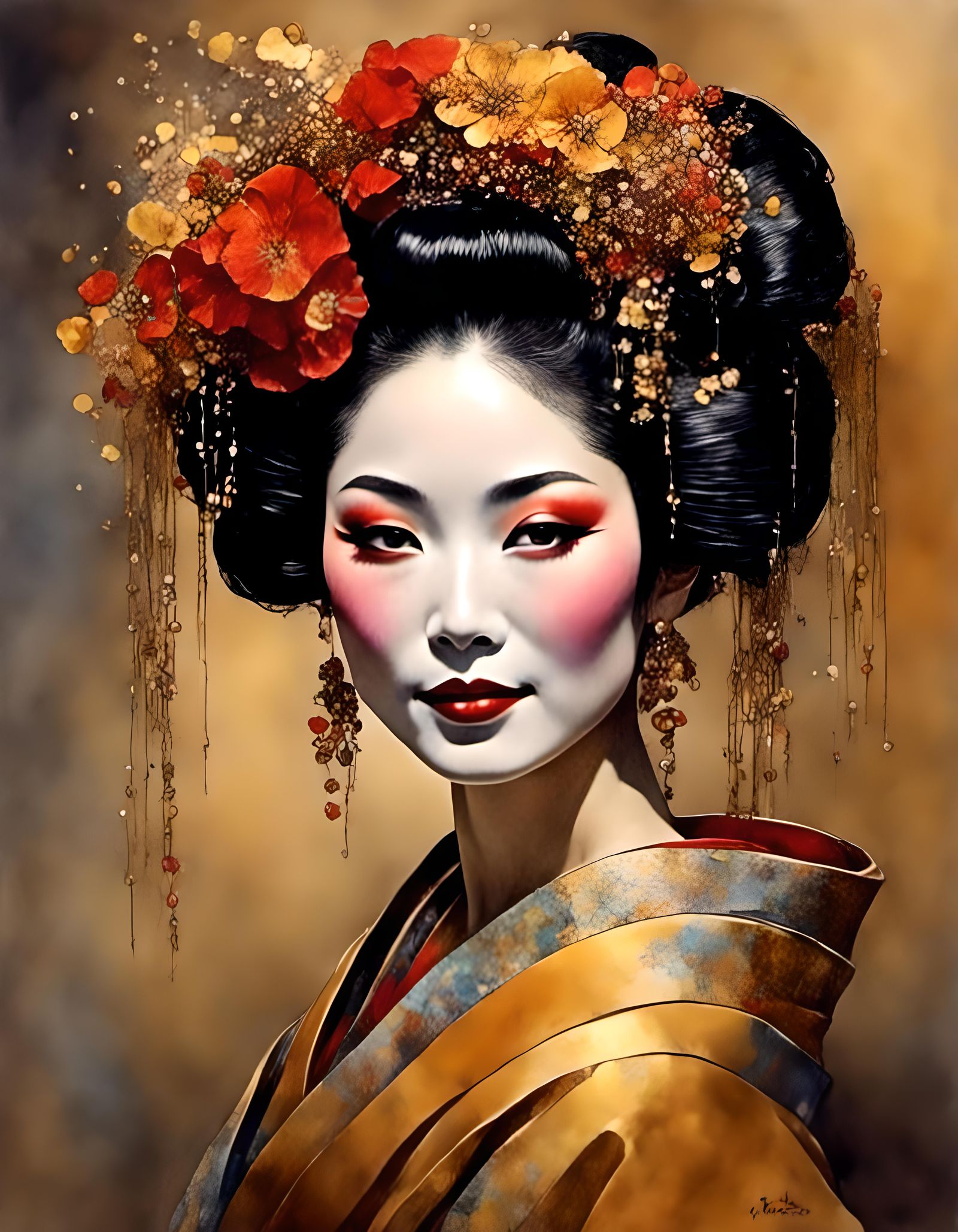 Smiling Geisha Portrait with Psychedelic Autochrome Highligh...