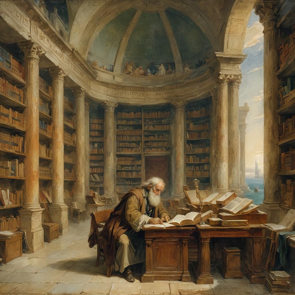 Scholar at Alexandria Library in Romantic Style