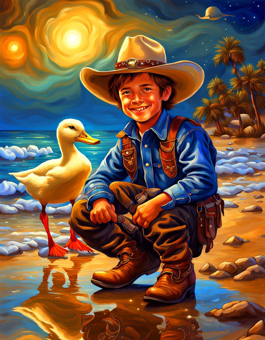 Cowboy's Beach Holiday with Duck: Digital Oil Painting
