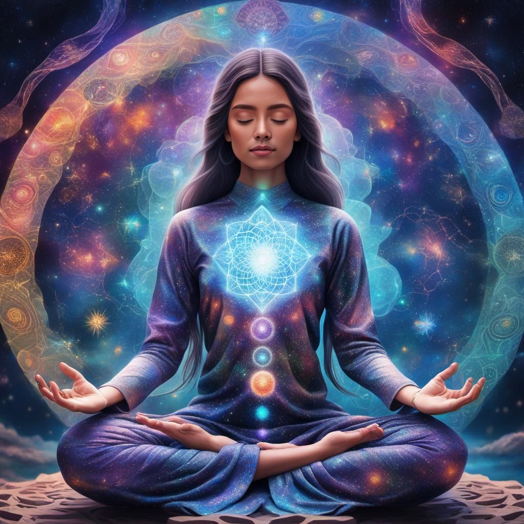 Meditating Woman: Holographic Astral Illustration