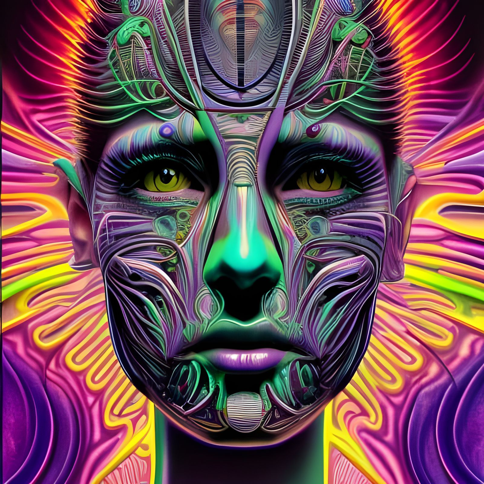 Psychedelic Bionic Goddess Queen Portrait in Fluorescence St...